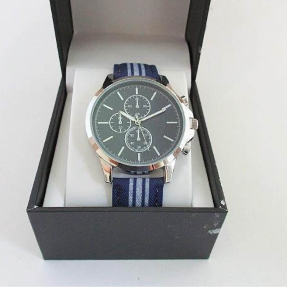 INC Men’s Navy Blue & White Striped Denim Strap Watch 42mm - Picture 2 of 9